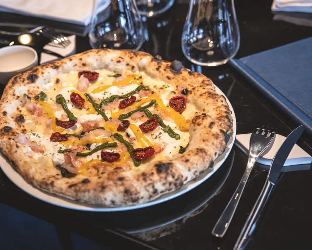 Pizza gourmet con asparagi e pomodori secchi su un tavolo elegante.